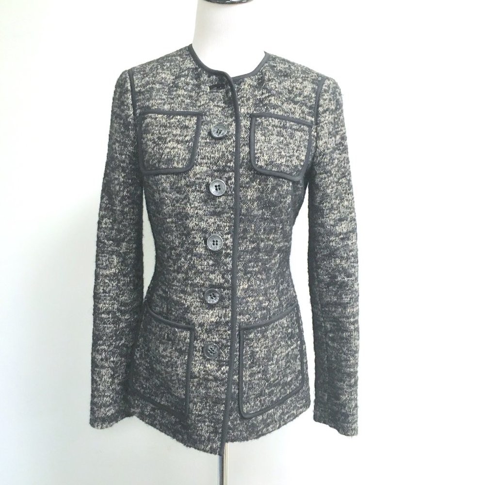 Worth black tweed wool blazer classic lined long + pockets 2